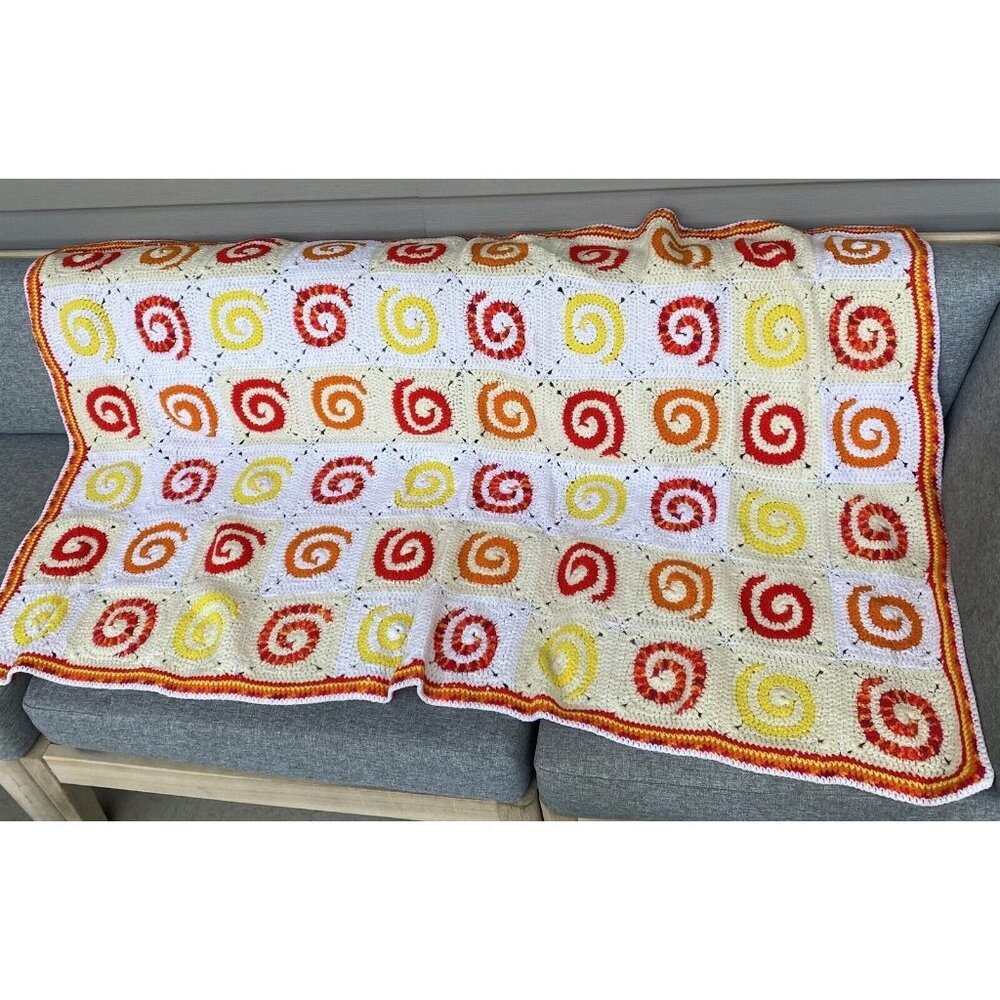 Vintage Granny Square Afghan Mod Atomic Swirl Hand Crochet Orange Red Yellow